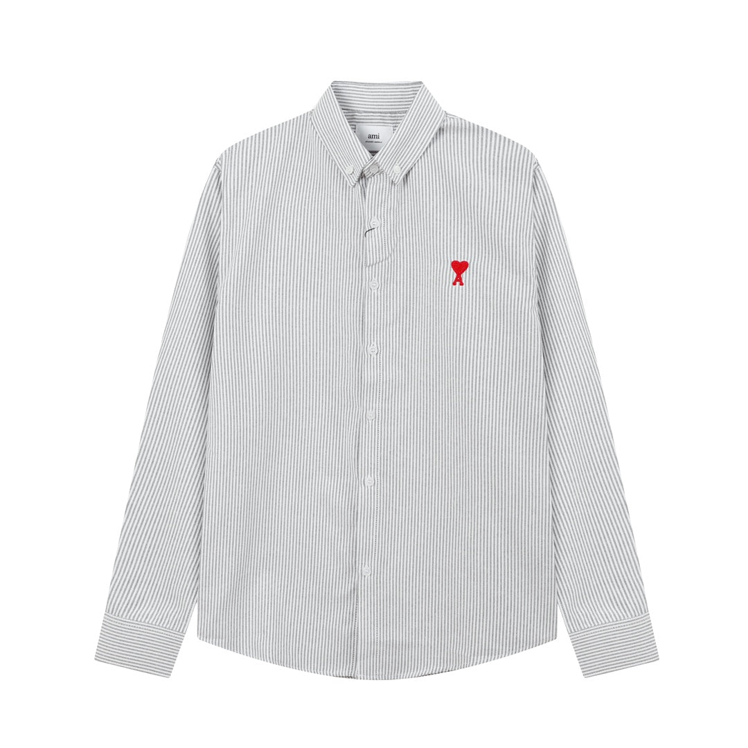 Unisex Heart Embroidery Striped Oxford Shirt