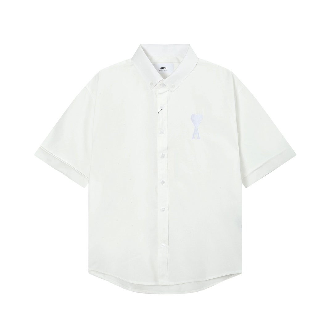 Unisex Heart Embroidery Short-Sleeve Oxford Shirt