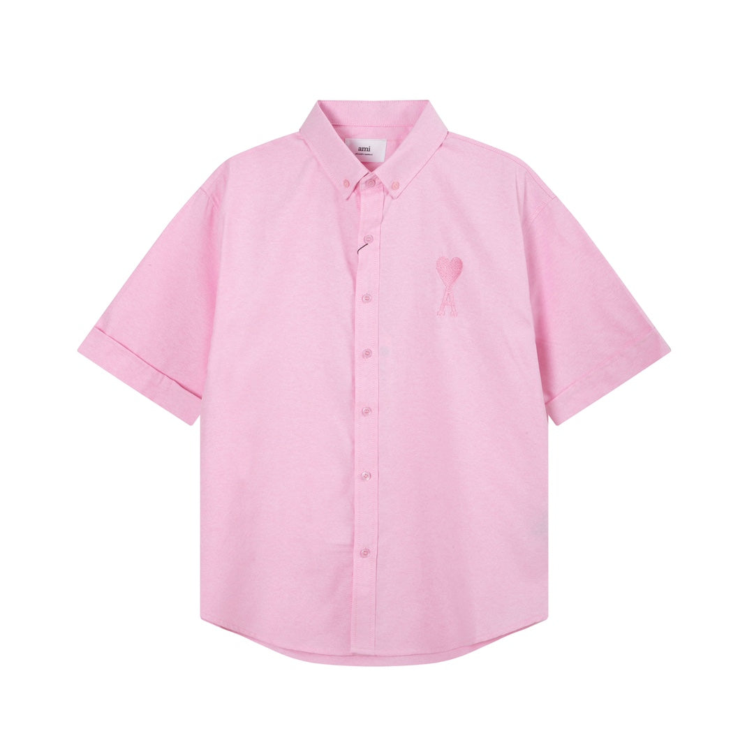 Unisex Heart Embroidery Short-Sleeve Oxford Shirt