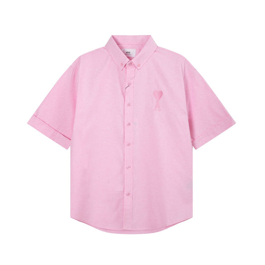 Unisex Heart Embroidery Short-Sleeve Oxford Shirt