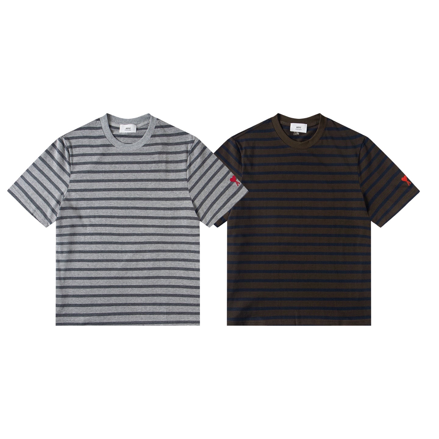 Heart Embroidery Striped Short-Sleeve T-Shirt ¡§C Gray & Brown