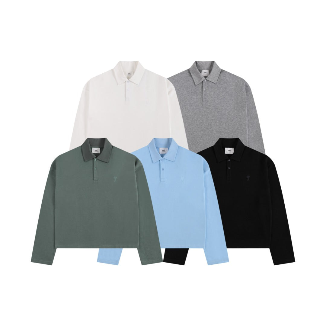 Heart Embroidery Long-Sleeve Polo Shirt ¡§C 5 Colors