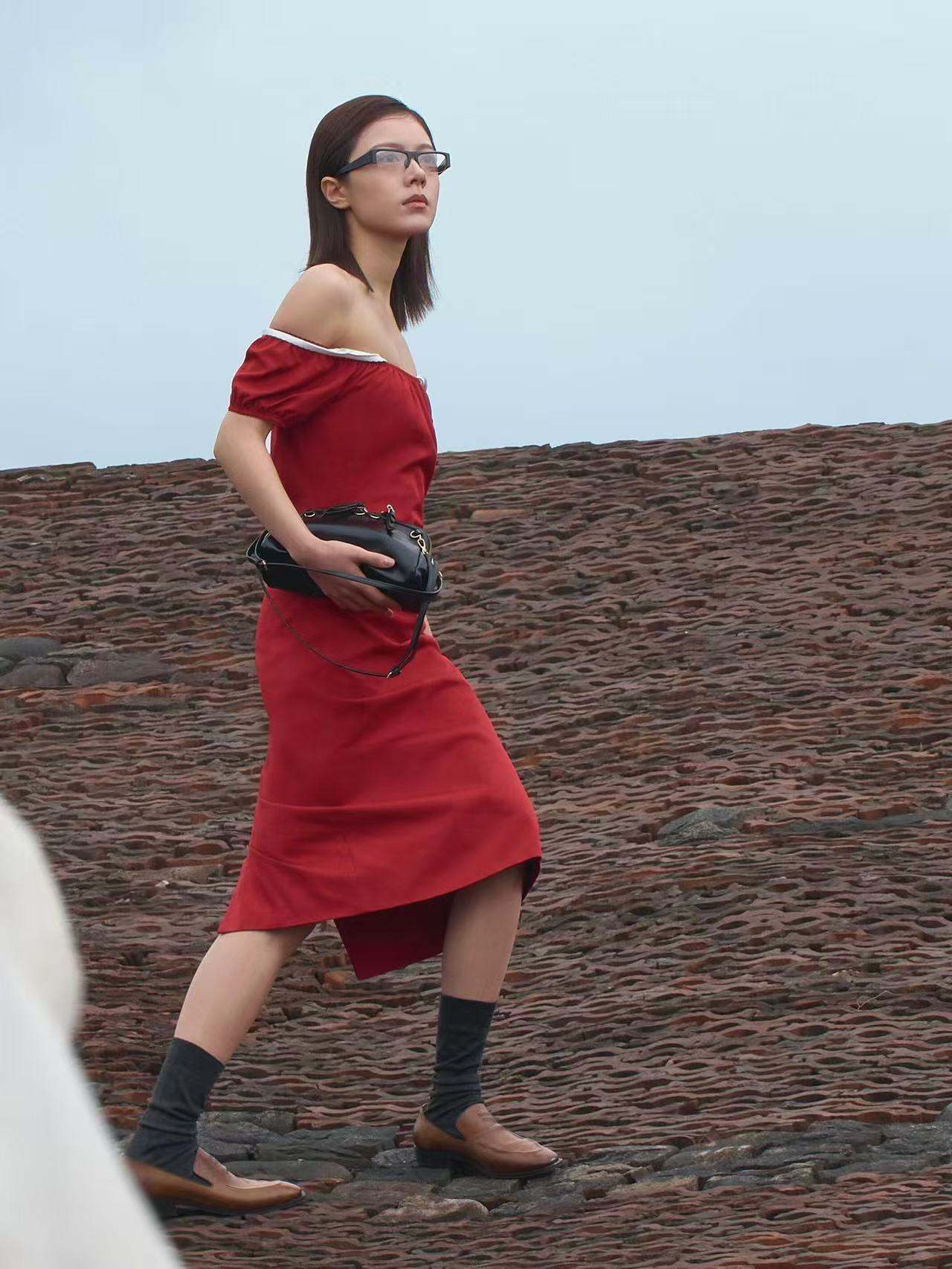 Red Midi Dress — Square Neck