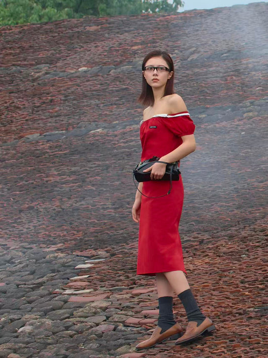 Red Midi Dress — Square Neck