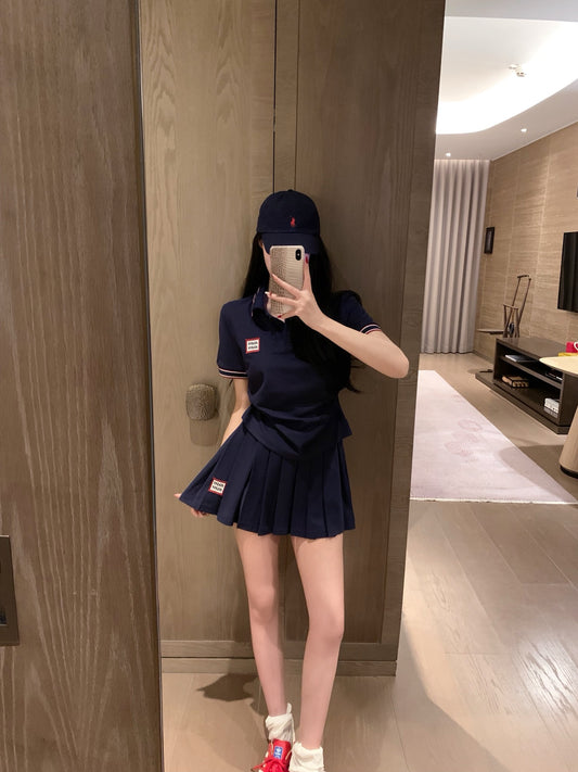 Short-Sleeve Top & Pleated Skirt Set