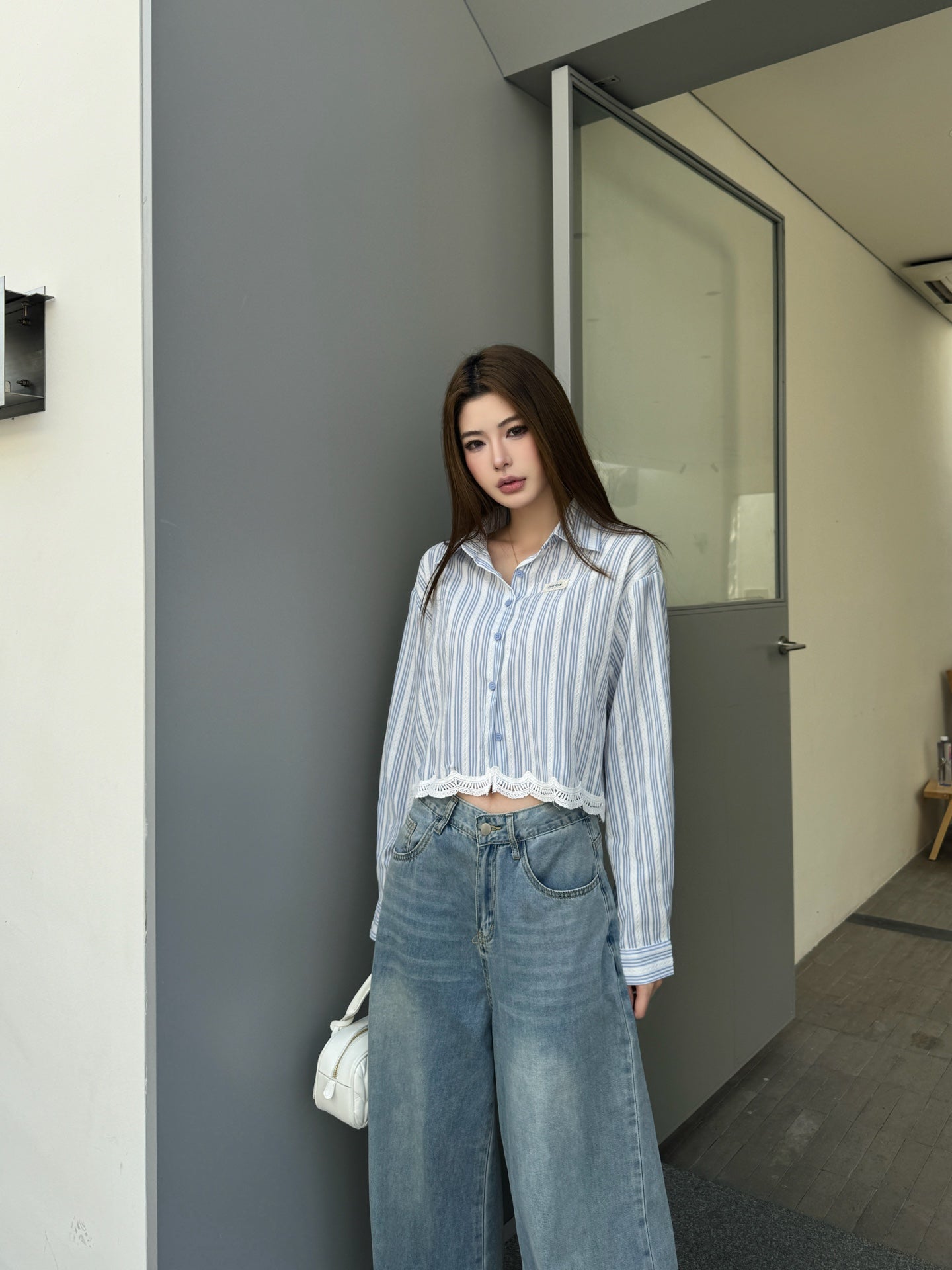 Striped Lace-Hem Cropped Shirt