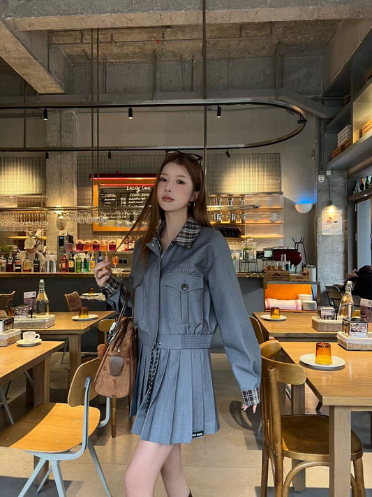 Color-Block Plaid Jacket & Pleated Mini Skirt Set