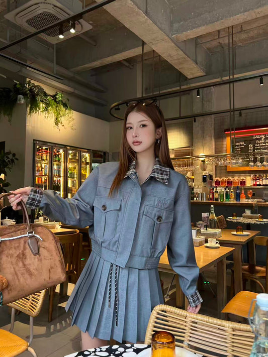 Color-Block Plaid Jacket & Pleated Mini Skirt Set
