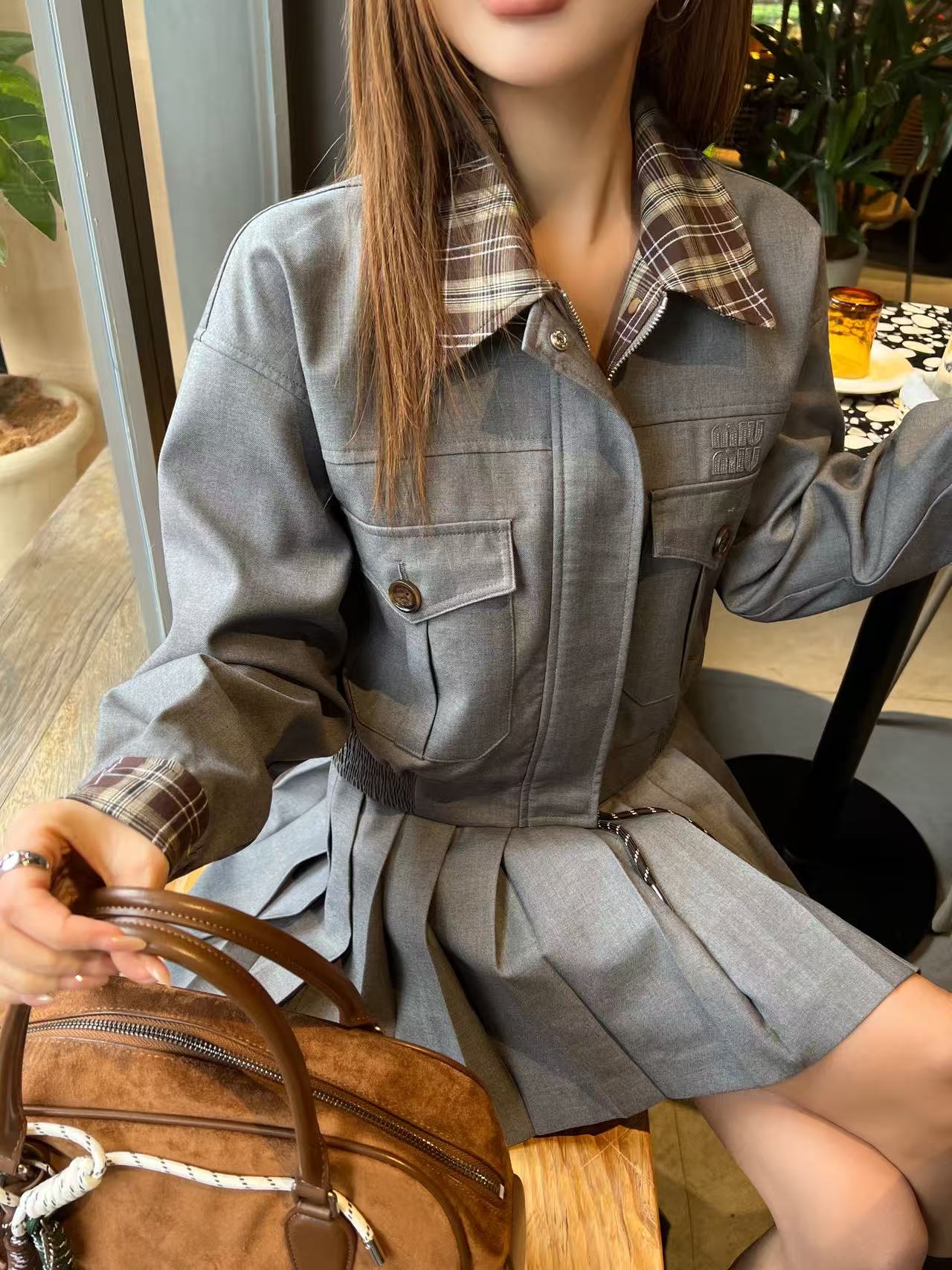 Color-Block Plaid Jacket & Pleated Mini Skirt Set