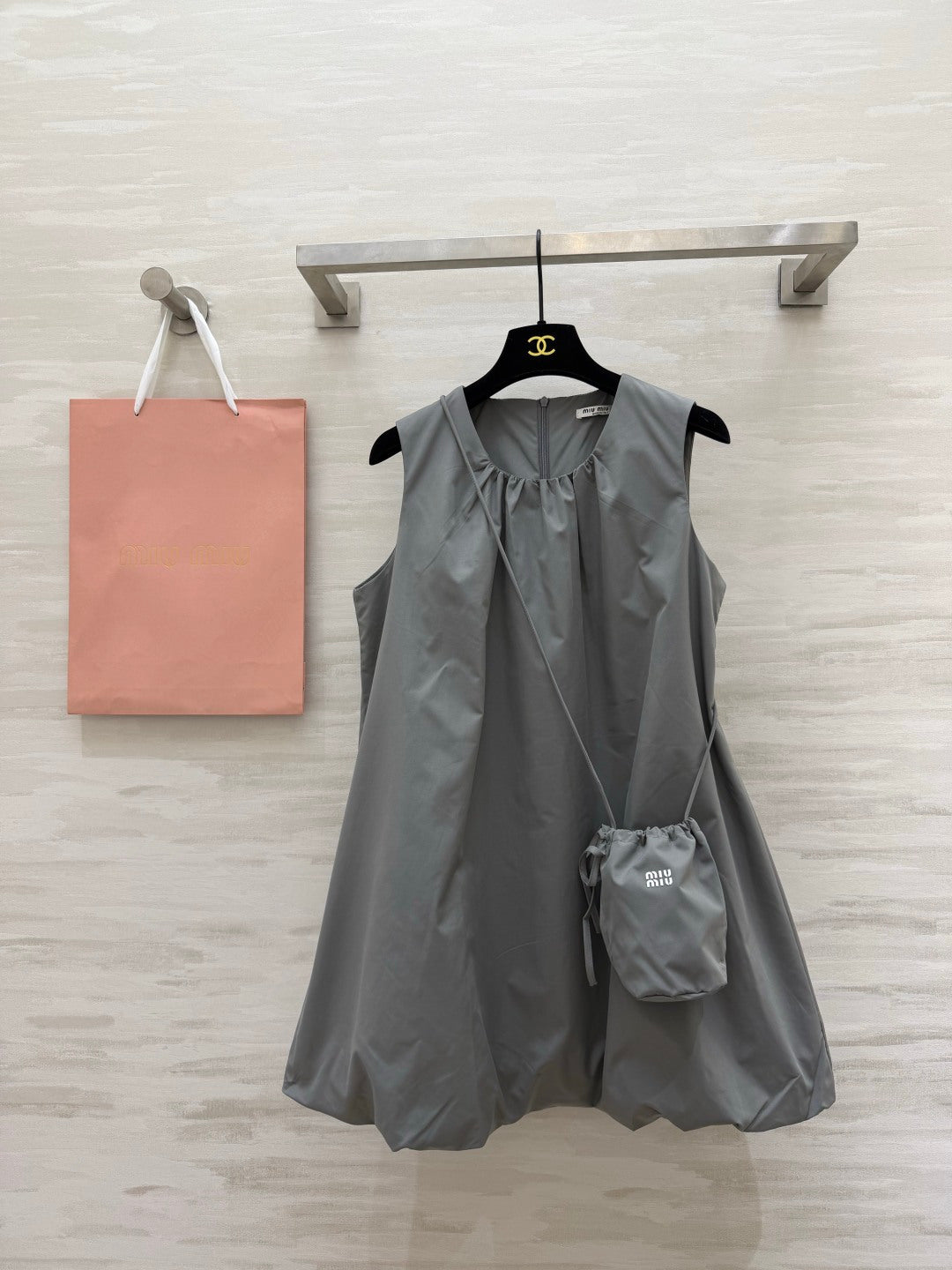 Sleeveless Bubble Hem Mini Dress with Drawstring Bag