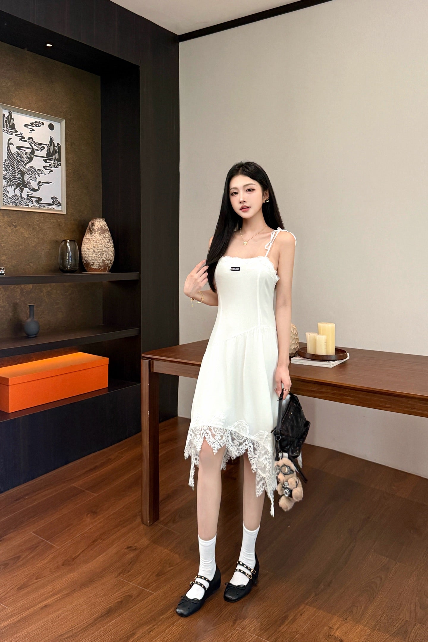 Lace Splice Irregular Hem Slip Maxi Dress