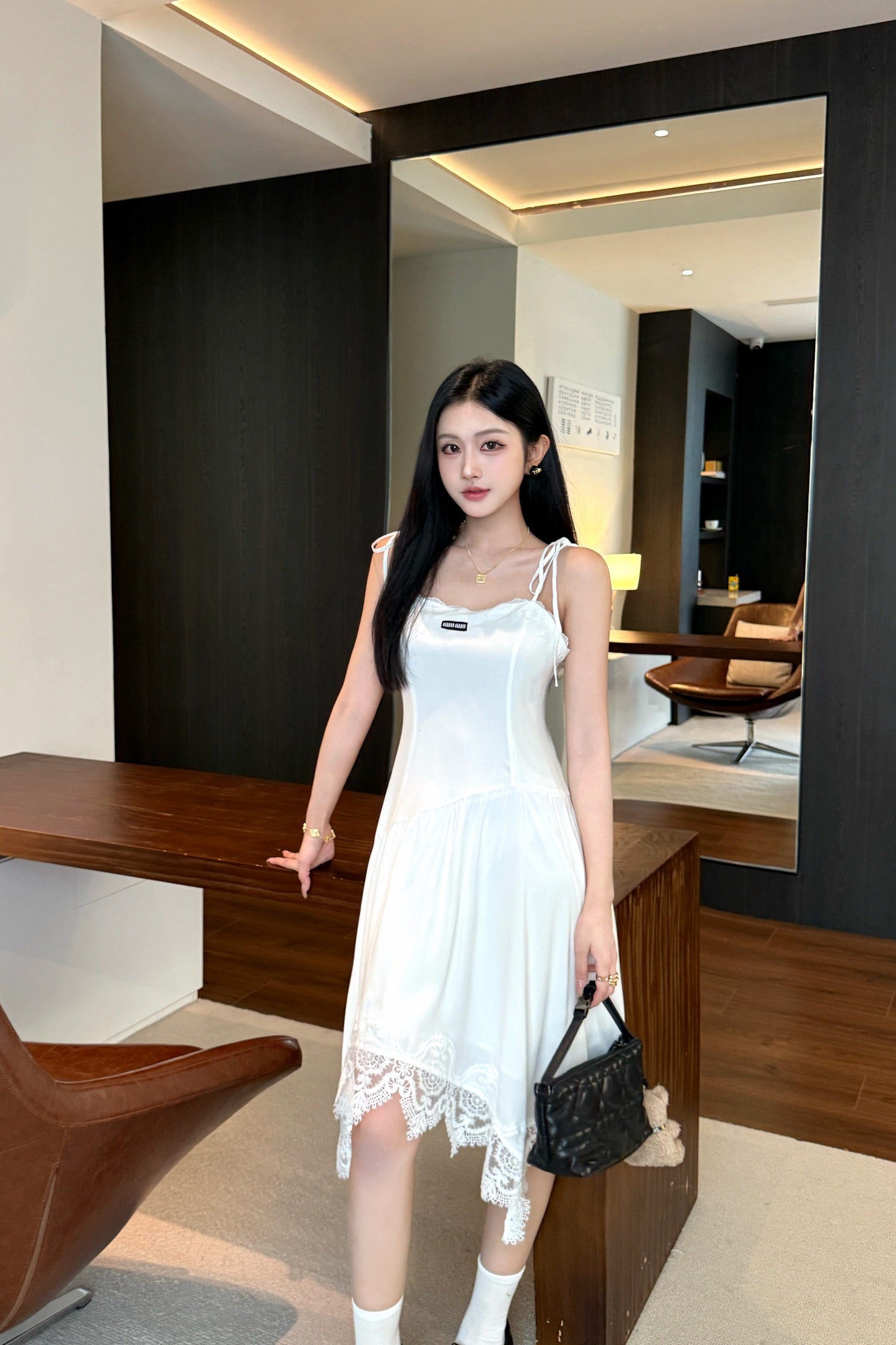 Lace Splice Irregular Hem Slip Maxi Dress