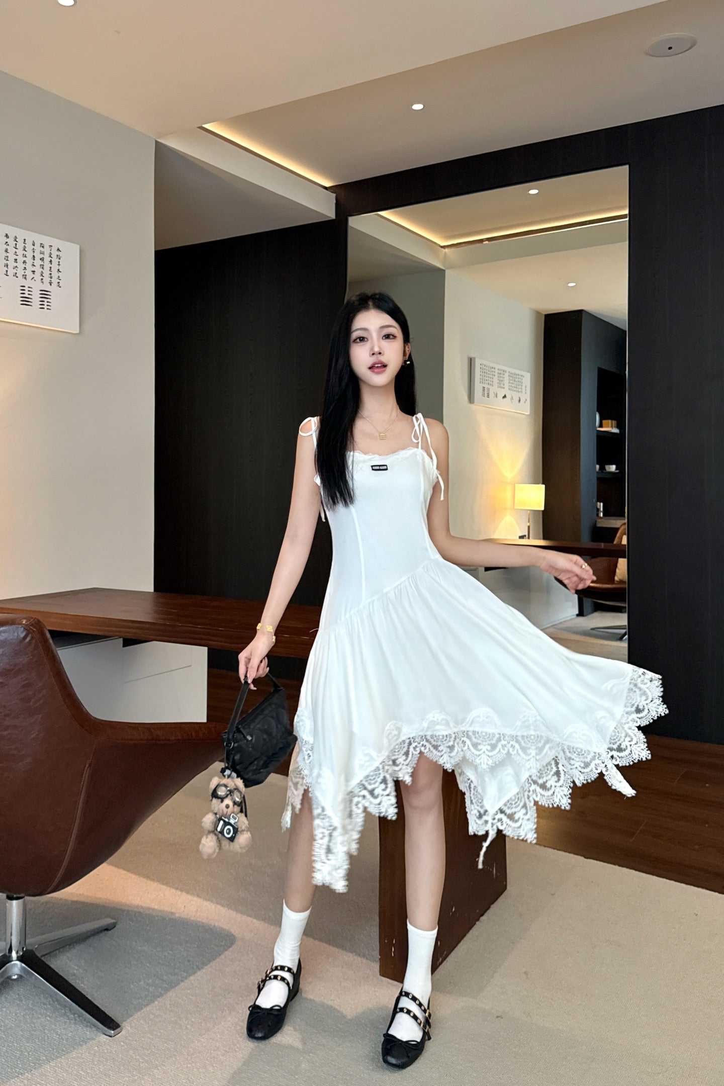 Lace Splice Irregular Hem Slip Maxi Dress