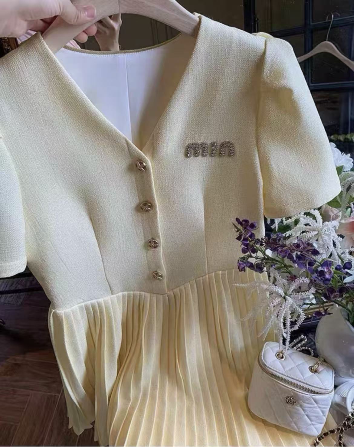 Beaded Letter Pleated Dress — Short Sleeve