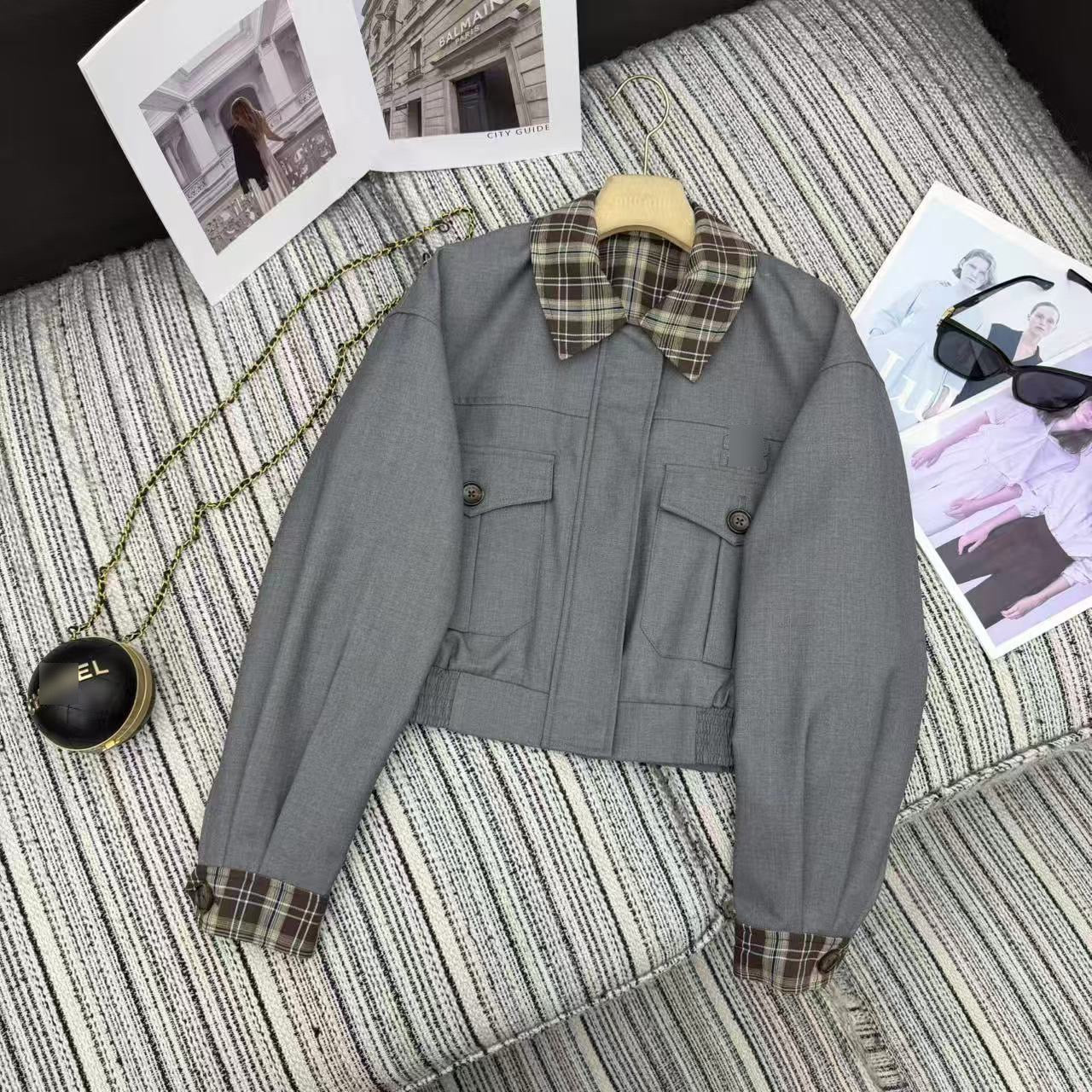 Color-Block Plaid Jacket & Pleated Mini Skirt Set