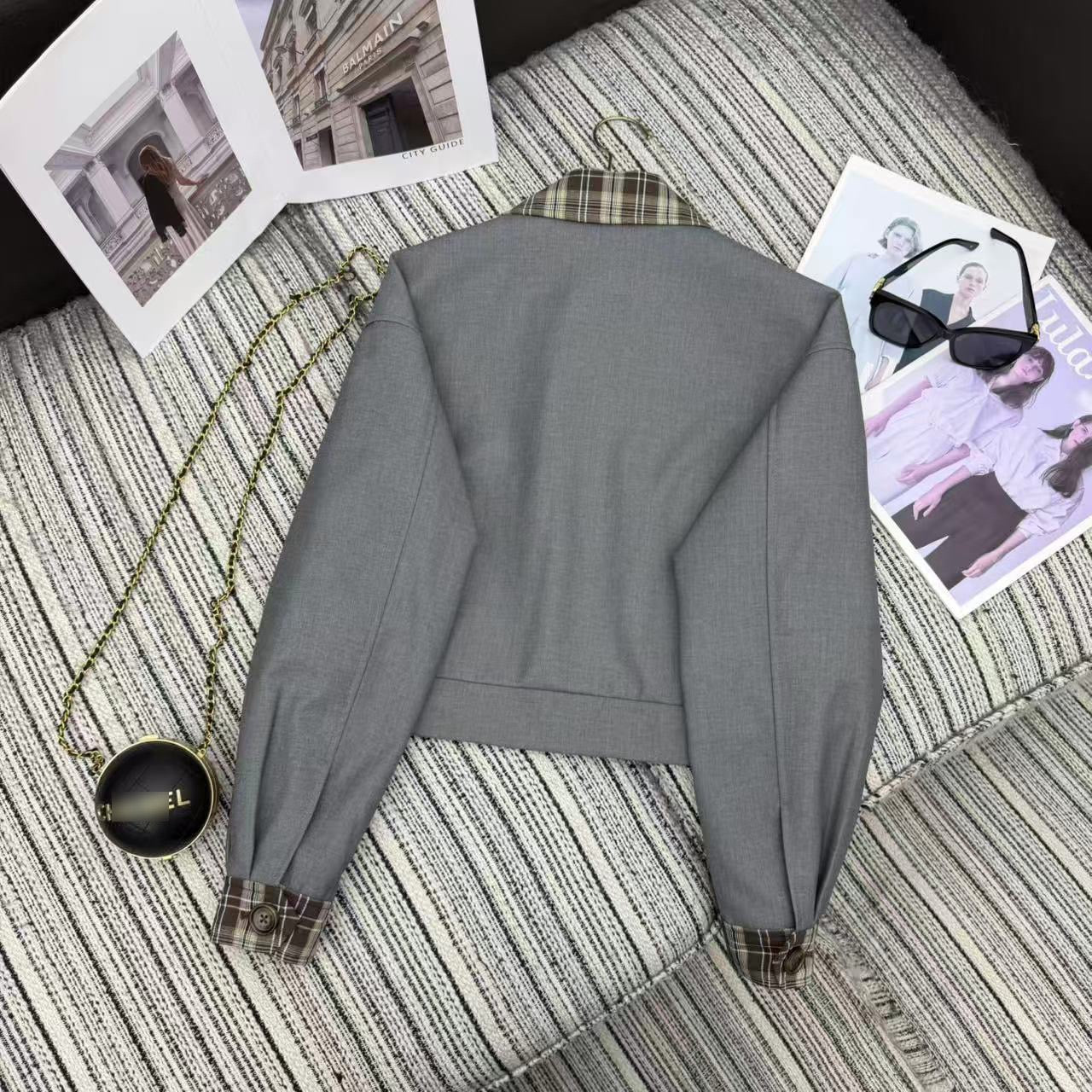 Color-Block Plaid Jacket & Pleated Mini Skirt Set