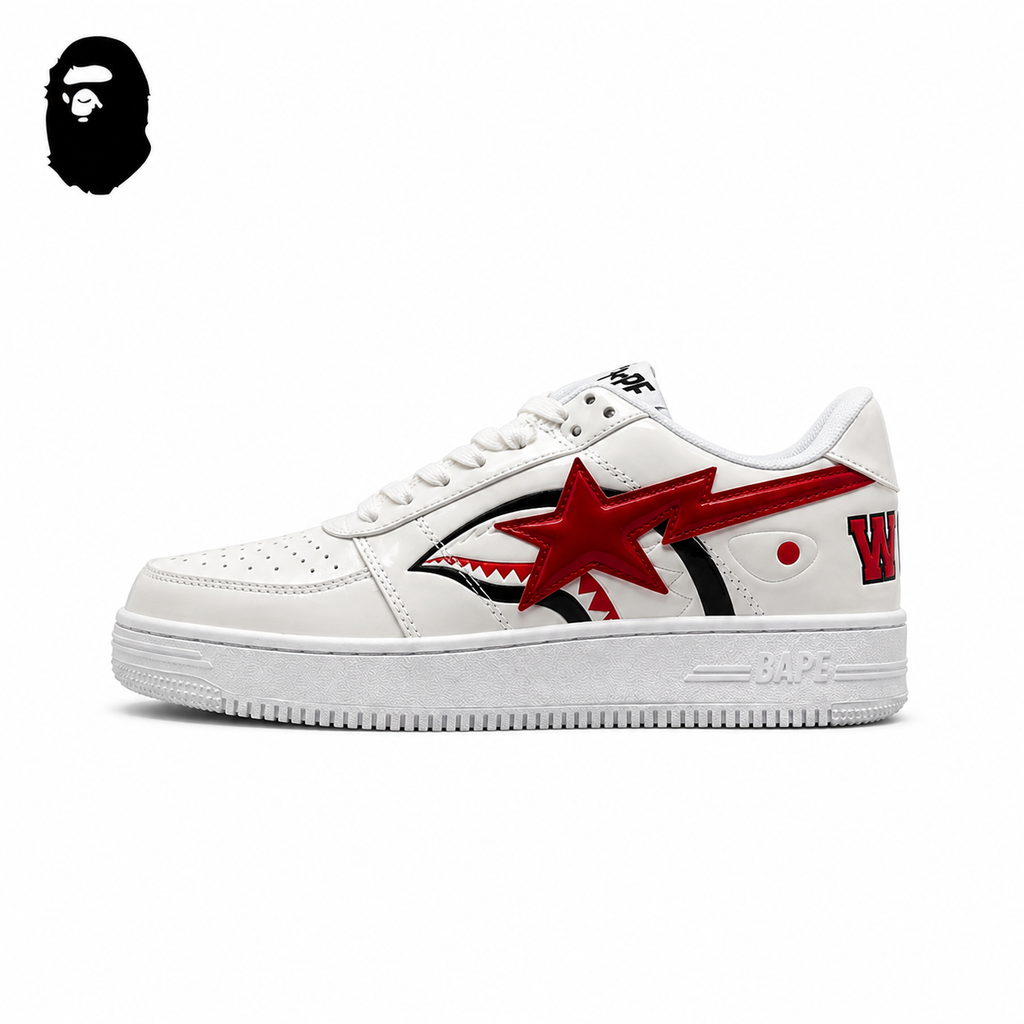 BAPE STA Shark Low-Top Sneakers - White/Red, single side view on a white background