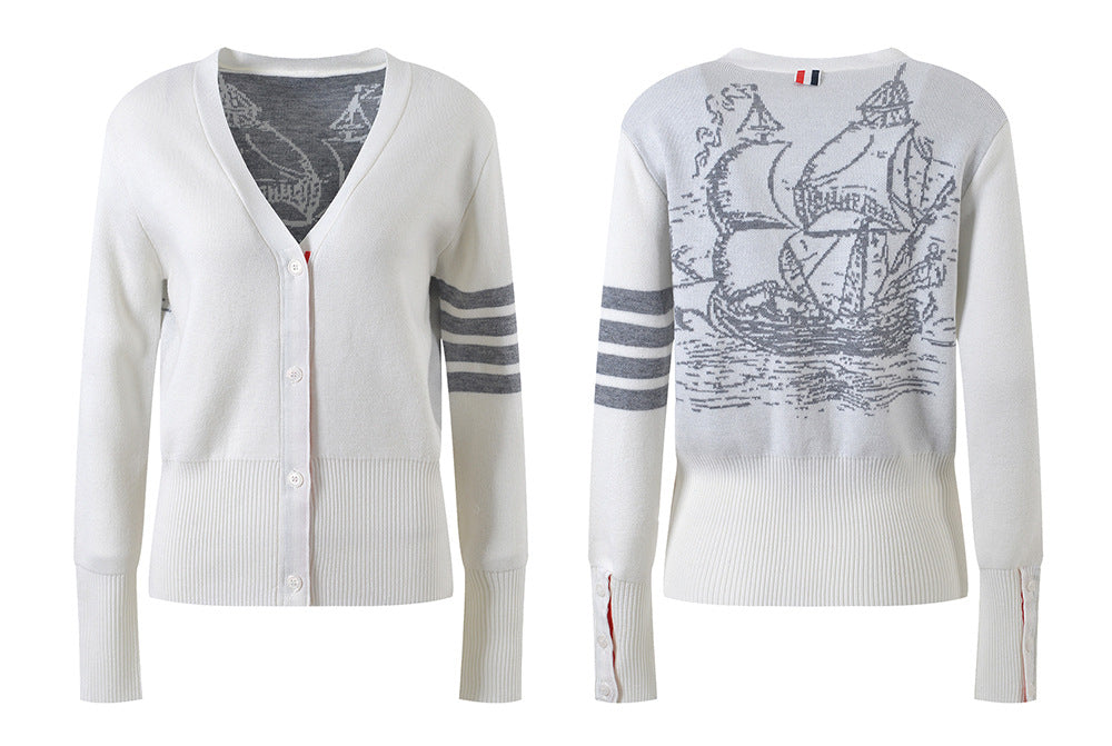 Four-Stripe Pink V-Neck Cardigan（副本） THOM TREND