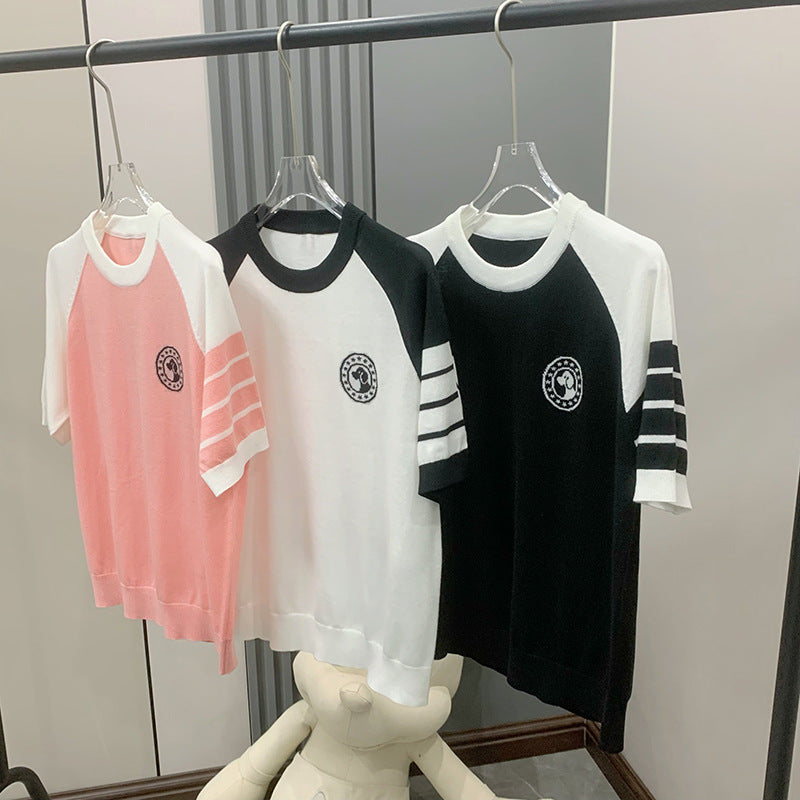 Colorblock knitted short-sleeved T-shirt