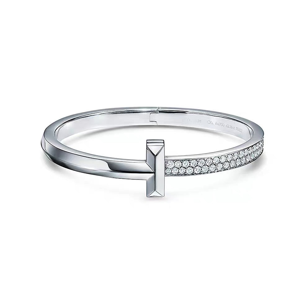 Tiffany Style T Motif Cubic Zirconia 18K Gold-Plated Bangle detail view 11