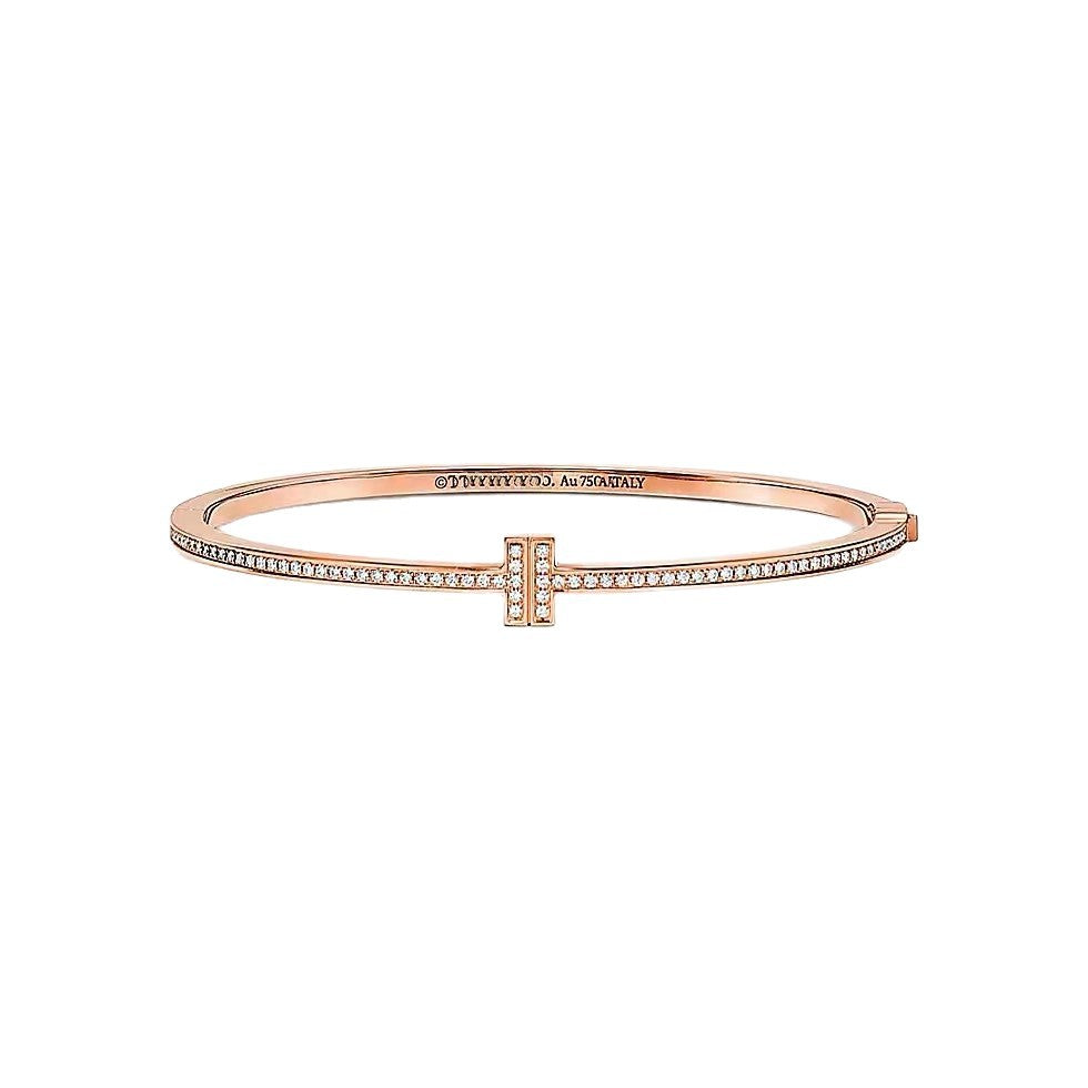 Tiffany Style T Motif Cubic Zirconia 18K Gold-Plated Bangle detail view 4