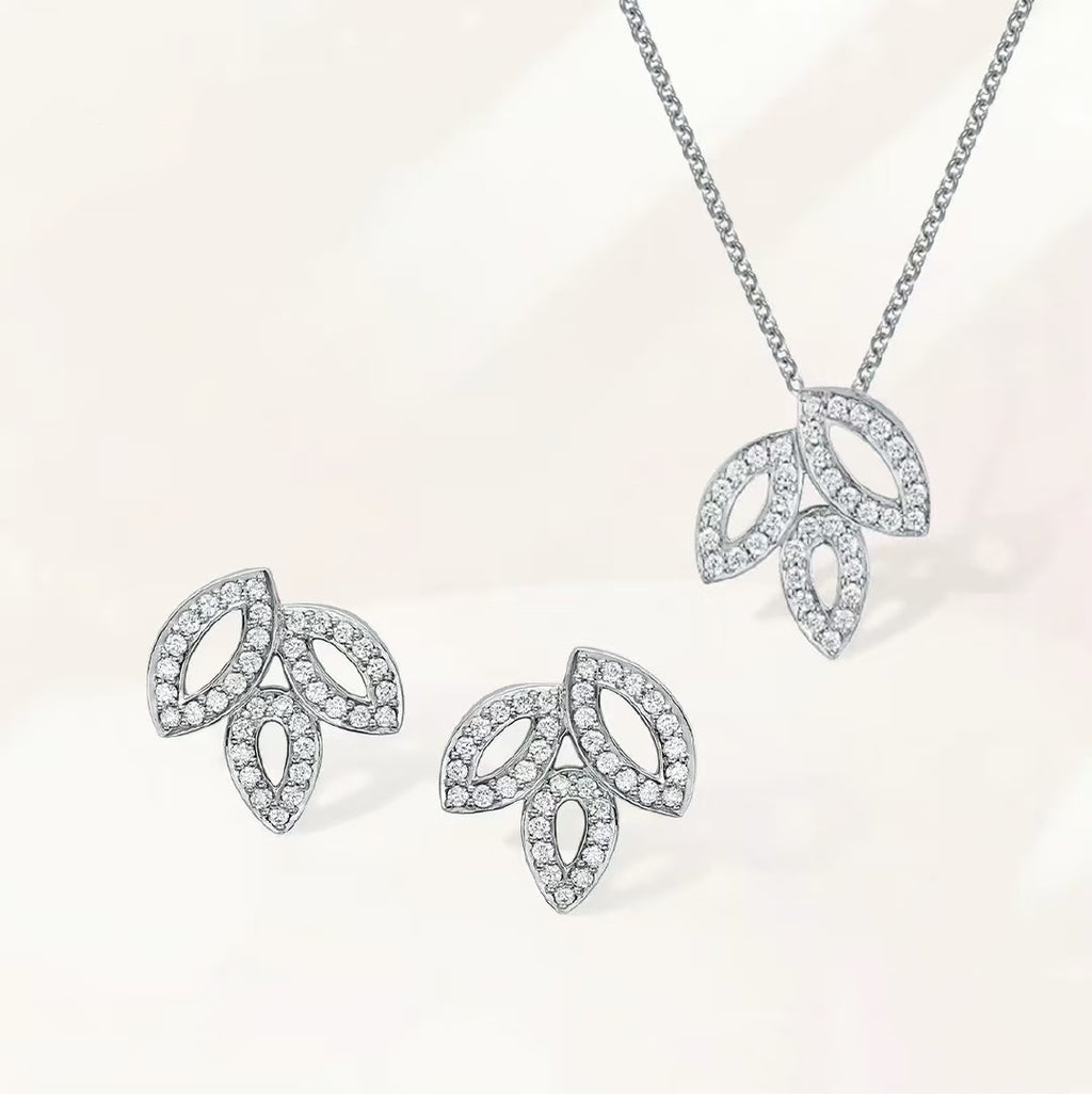 Harry Winston Style Three-Leaf Clover Cubic Zirconia 18K Gold-Plated Earrings - Necklace Silver Tone