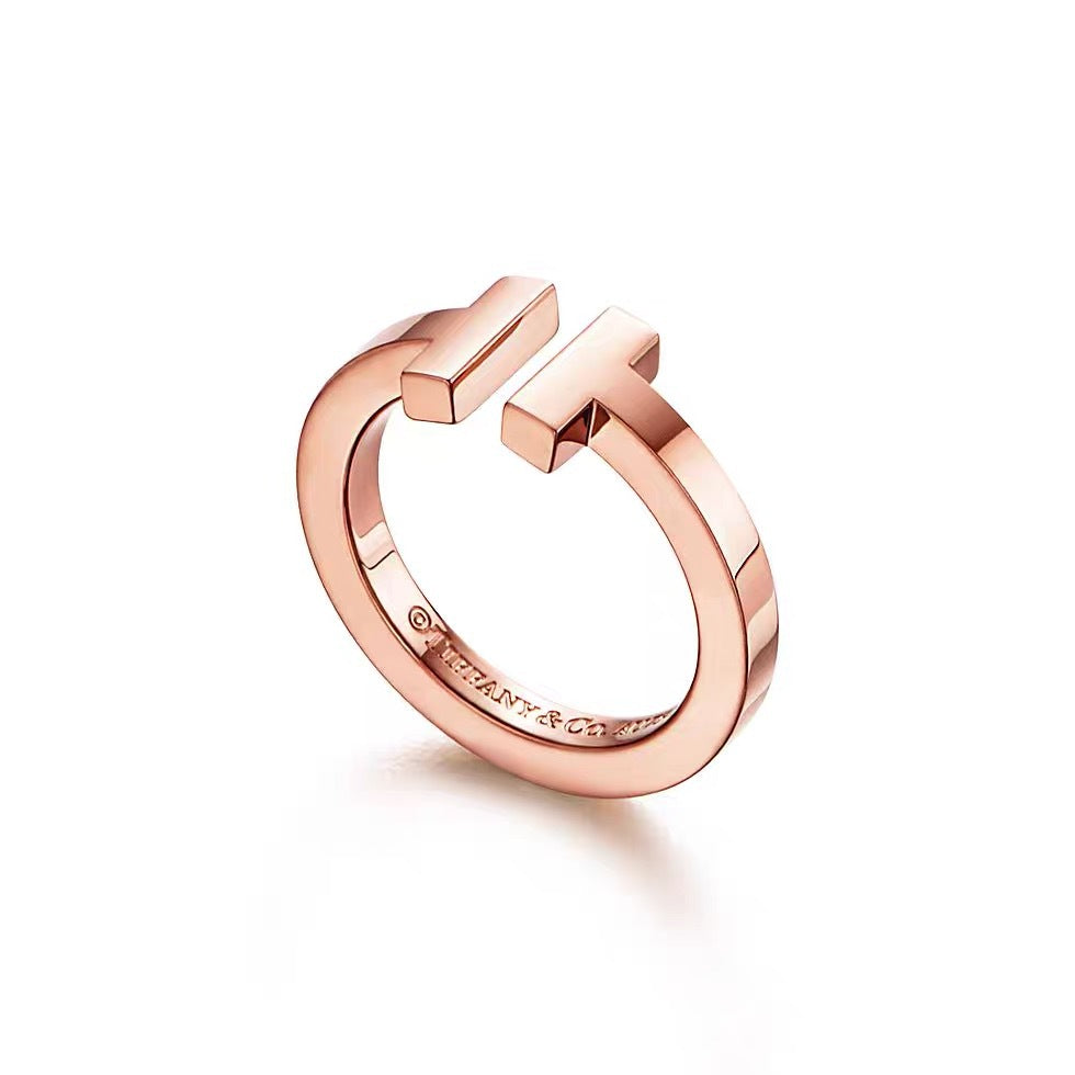 Tiffany Style T Motif Cubic Zirconia 18K Gold-Plated Ring - Polished Rose Gold Tone