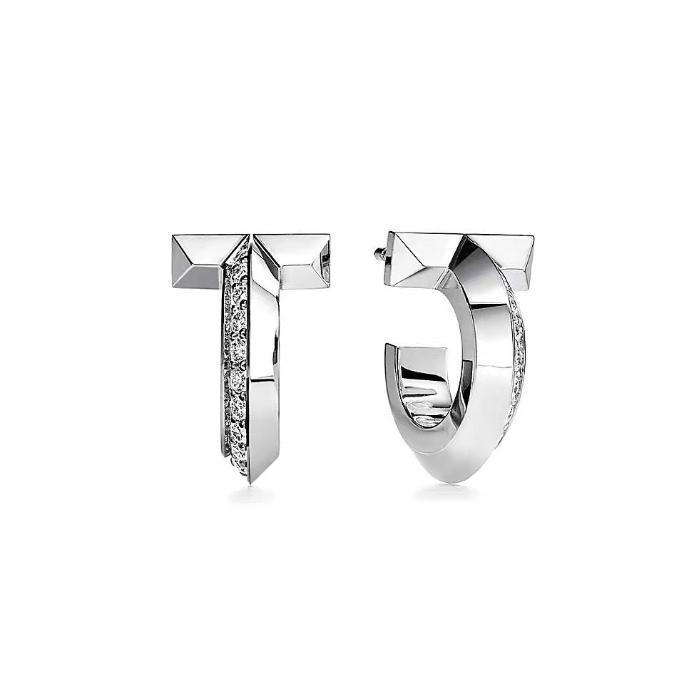 Tiffany Style T Motif Cubic Zirconia Earrings detail view 2