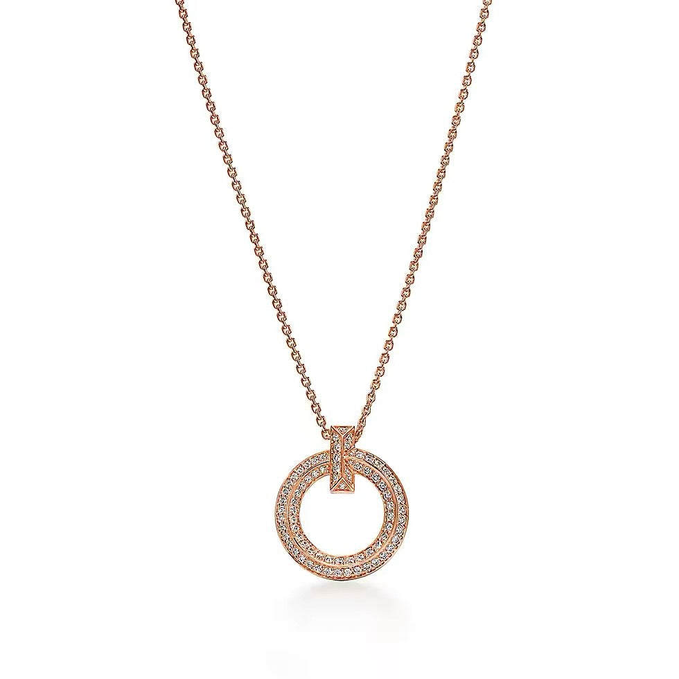 Tiffany Style T Motif Cubic Zirconia 18K Gold-Plated Necklace - T1 Necklace Rose Gold Tone