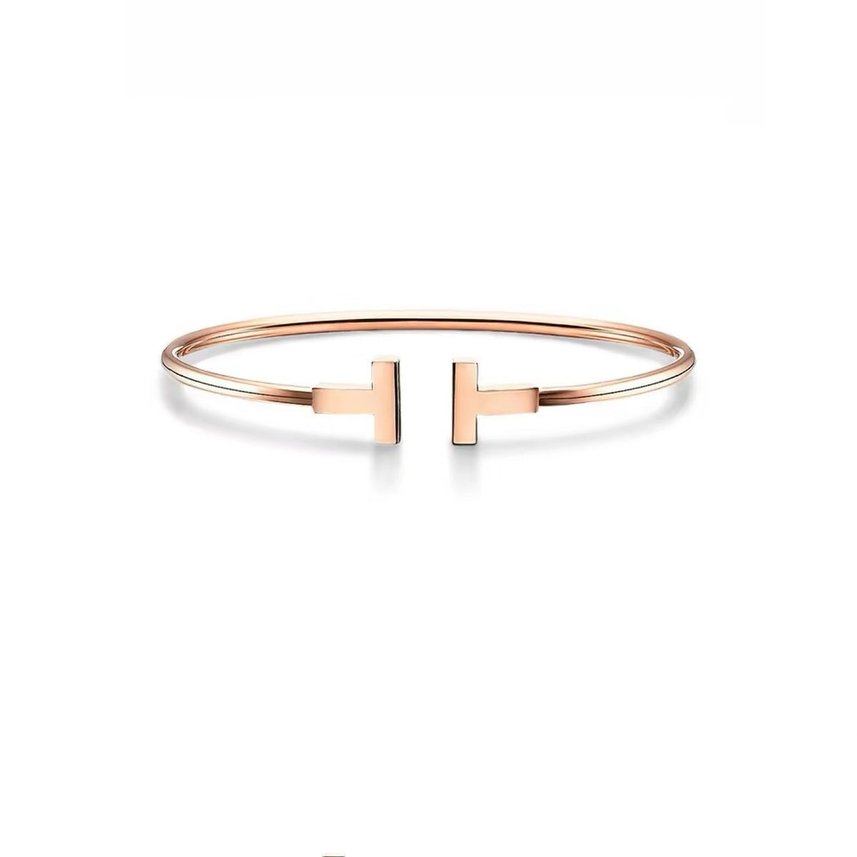 Tiffany Style T Motif Cubic Zirconia Bangle - Plain Band Regular Rose Gold Tone