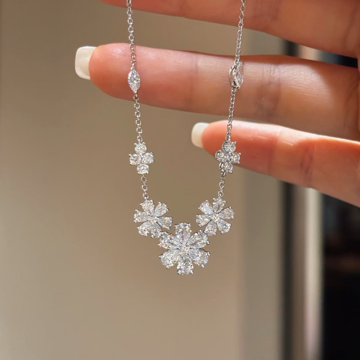 Harry Winston Style Forget-Me-Not Floral Cubic Zirconia Necklace detail view 2
