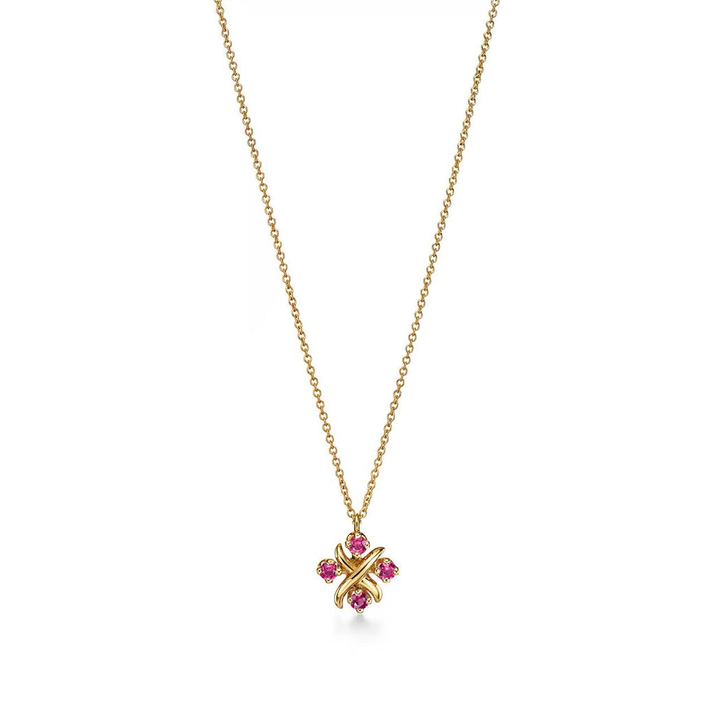Tiffany Style Four-Leaf Clover Cubic Zirconia 18K Gold-Plated Necklace - Red Cubic Zirconia Rose Gold Tone