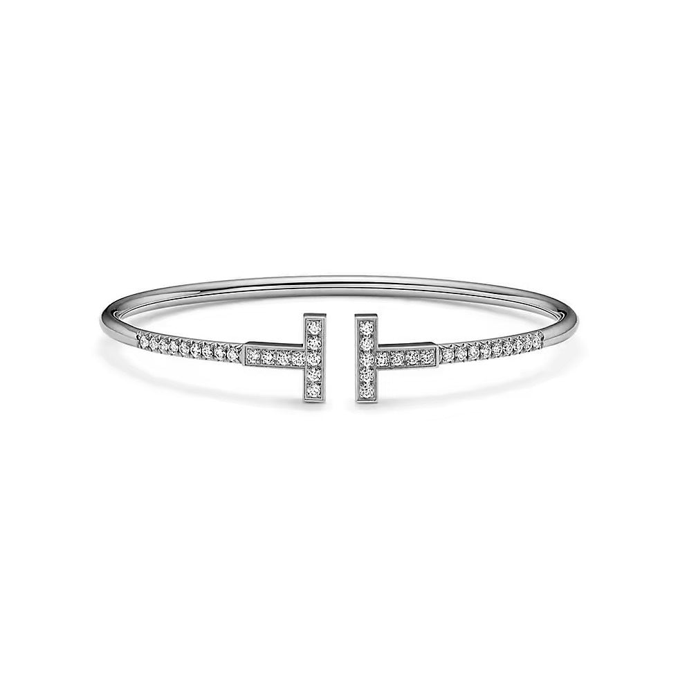Tiffany Style T Motif Cubic Zirconia Bangle detail view 13
