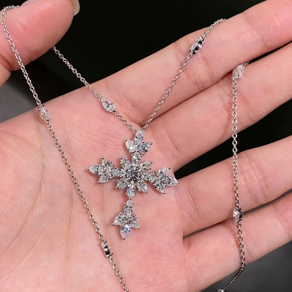 Harry Winston Style Snowflake Cross Cubic Zirconia Necklace detail view 2