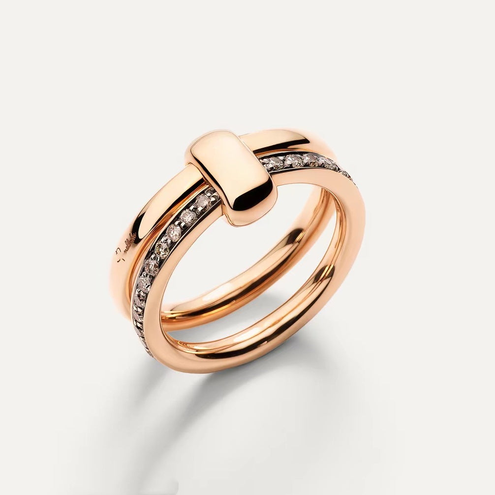 Pomellato Style Pillow Cubic Zirconia 18K Gold-Plated Ring - Double Ring Pavé Ring