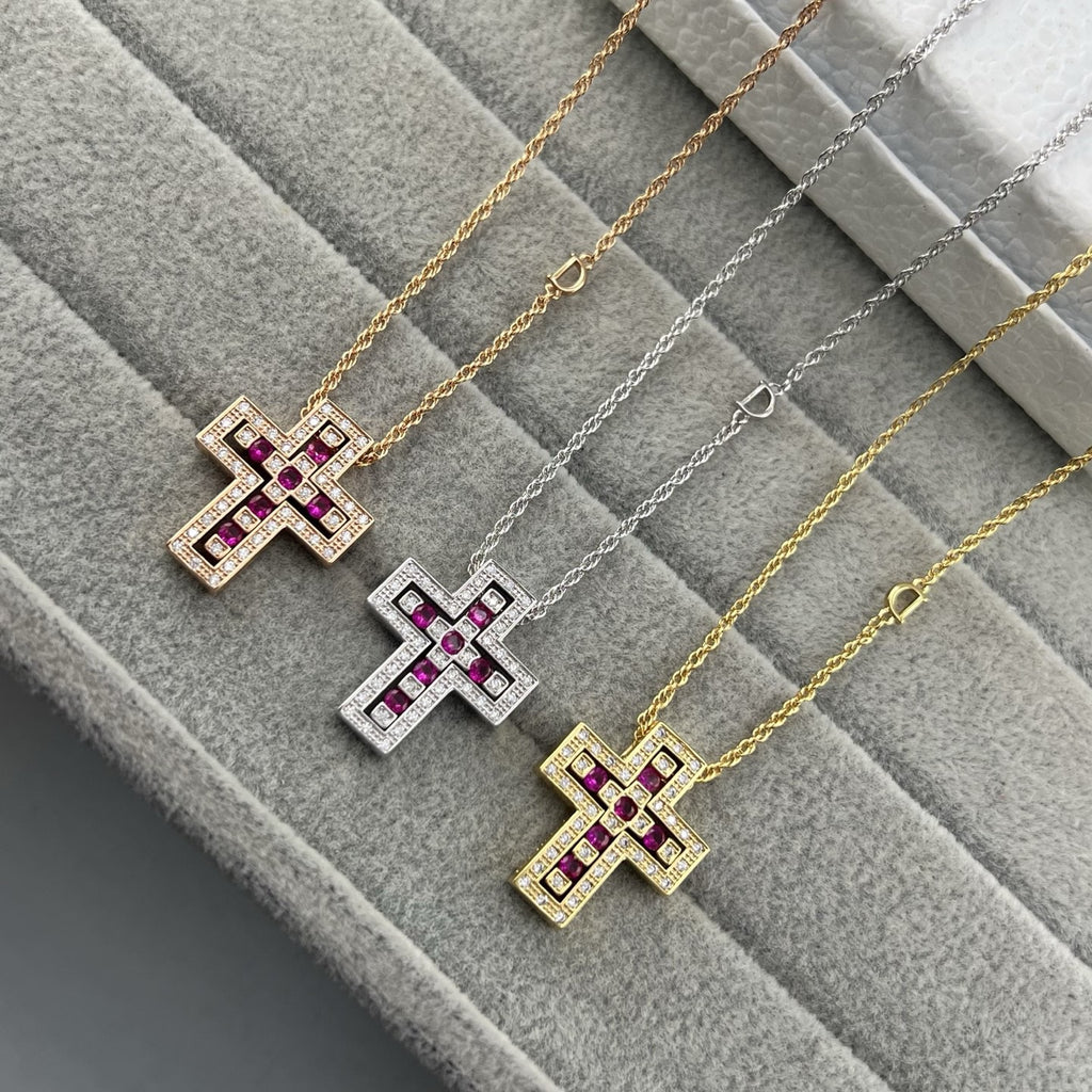 Damiani Style Cross Cubic Zirconia White-Gold-Plated Necklace detail view 1