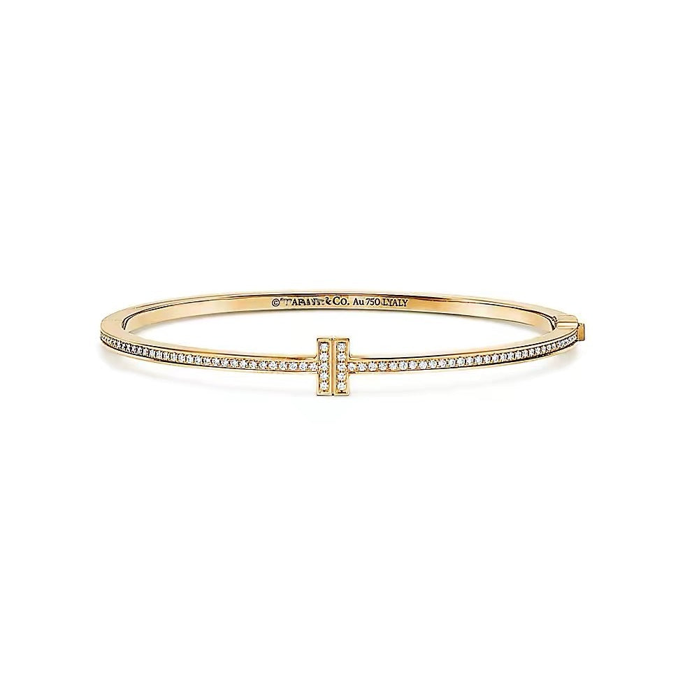 Tiffany Style T Motif Cubic Zirconia 18K Gold-Plated Bangle detail view 1