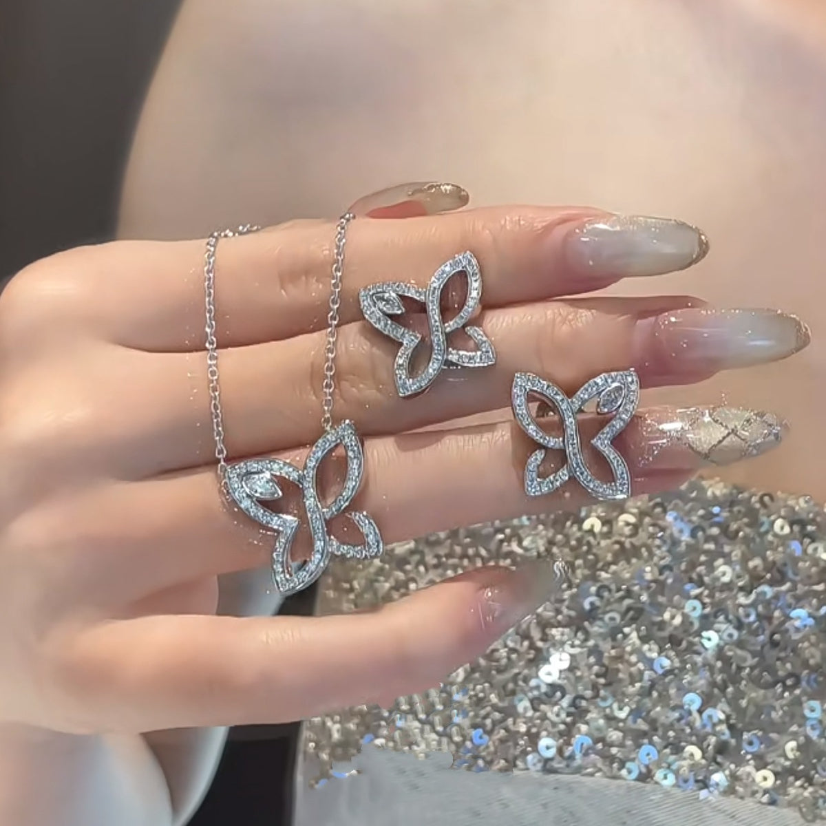 Harry Winston Style Butterfly Lily Cubic Zirconia Necklace detail view 3