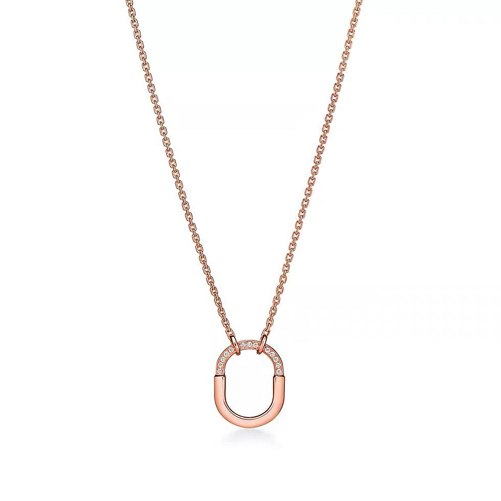 Tiffany Style Lock Cubic Zirconia 18K Gold-Plated Necklace - Small Pavé Rose Gold Tone