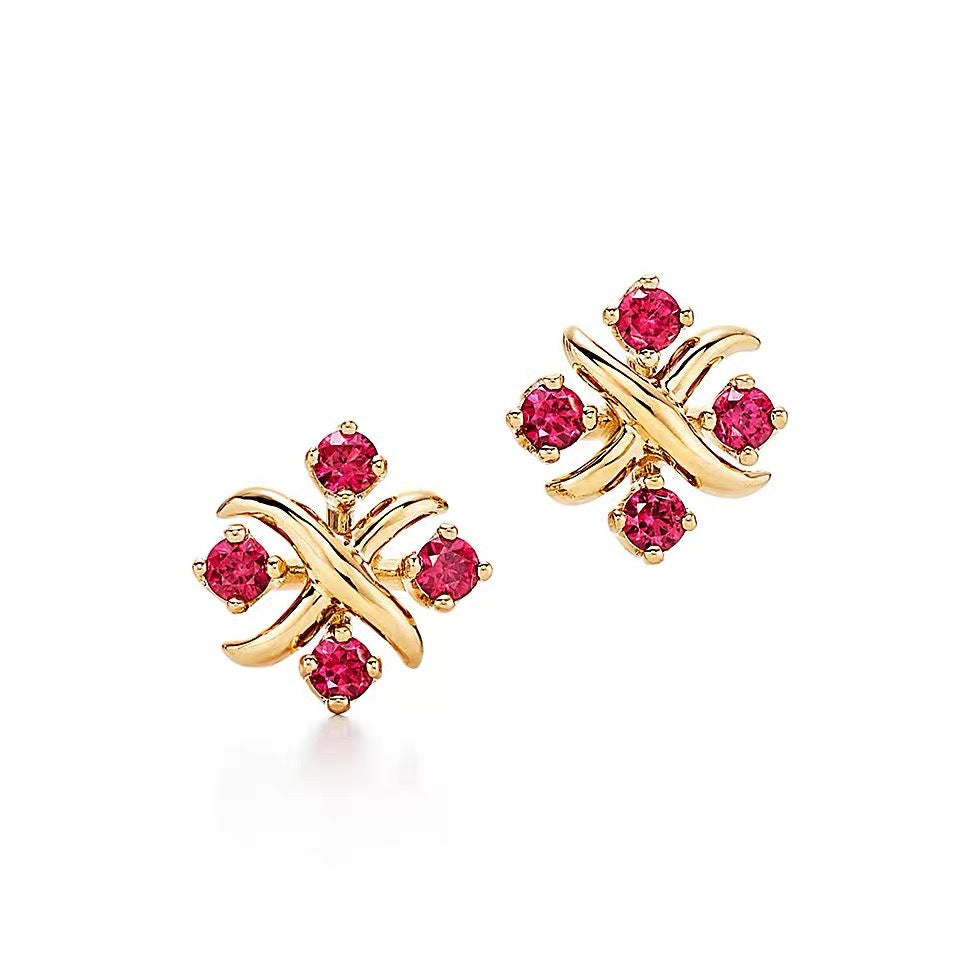 Tiffany Style Crossover Cubic Zirconia 18K Gold-Plated Earrings - Red Cubic Zirconia Gold Tone