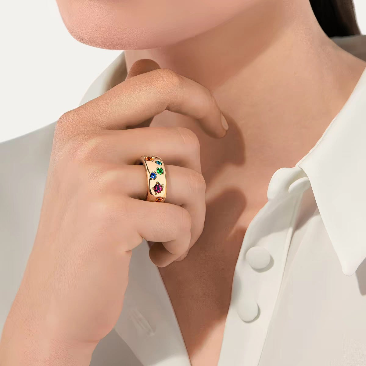 Pomellato Style Multicolor Stone Cubic Zirconia 18K Gold-Plated Ring detail view 2