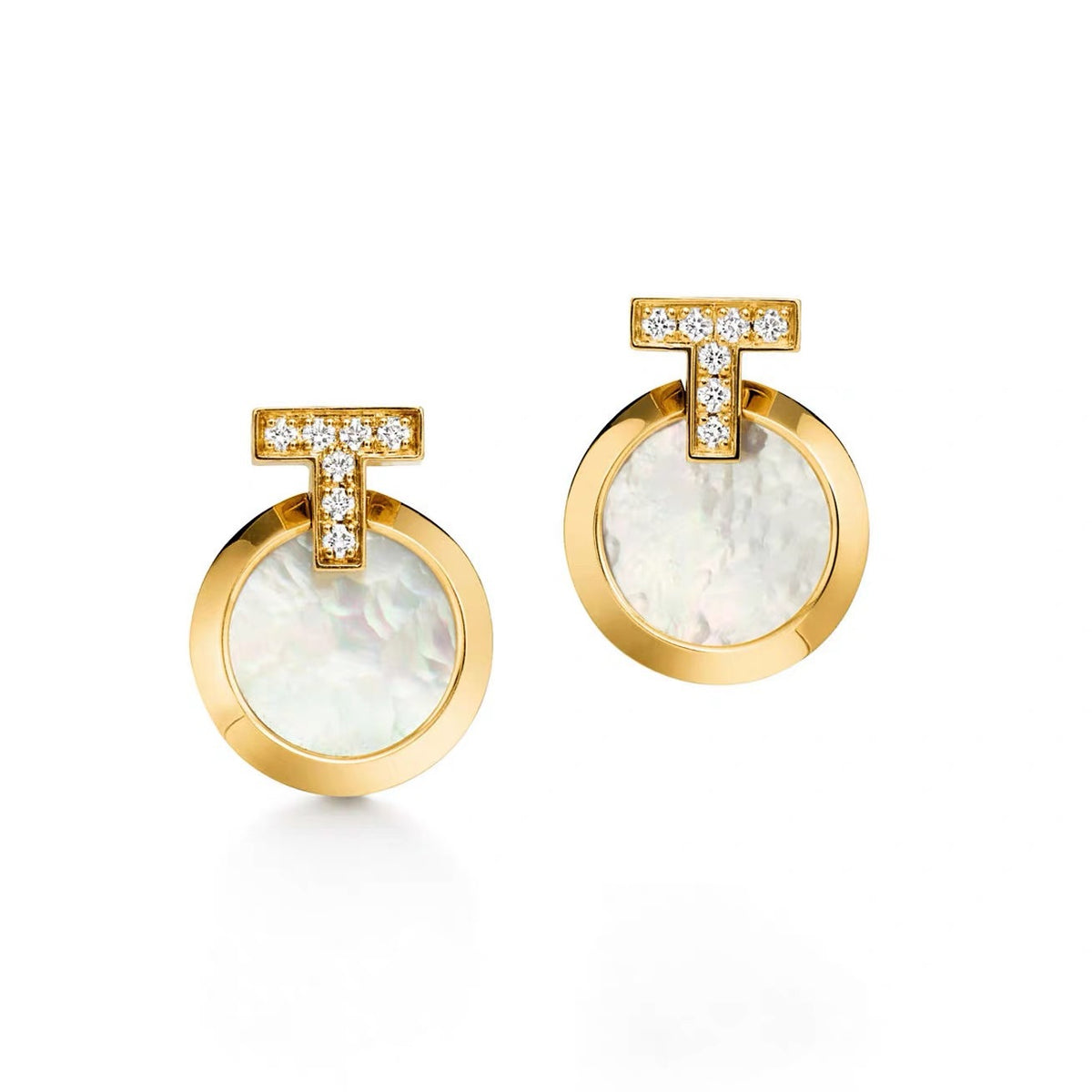 Tiffany Style T Motif Cubic Zirconia Earrings - T Cubic Zirconia Mother-of-Pearl Disc Stud Earrings