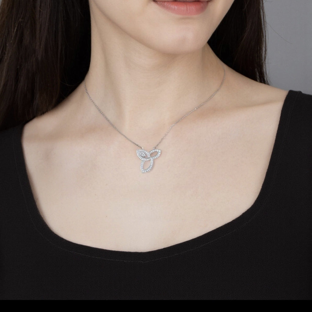 Harry Winston Style Three-Leaf Clover Cubic Zirconia White-Gold-Plated Necklace detail view 3