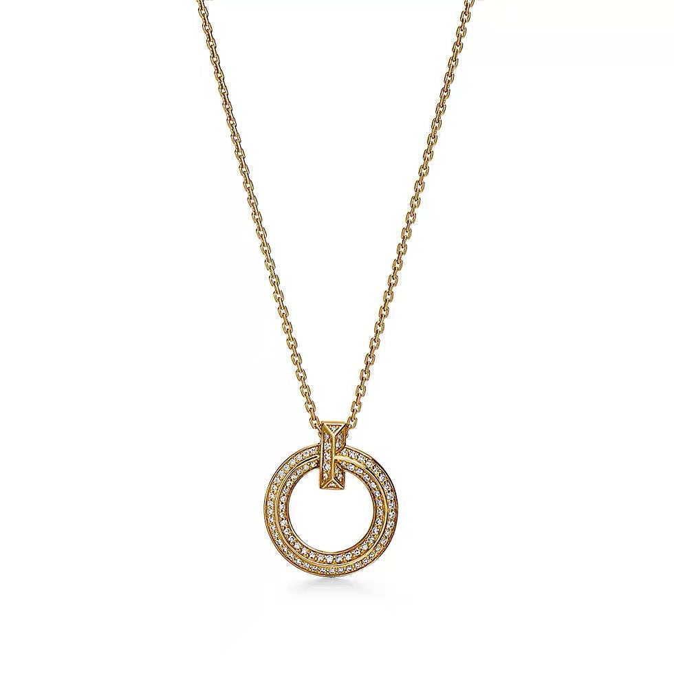 Tiffany Style T Motif Cubic Zirconia 18K Gold-Plated Necklace detail view 1