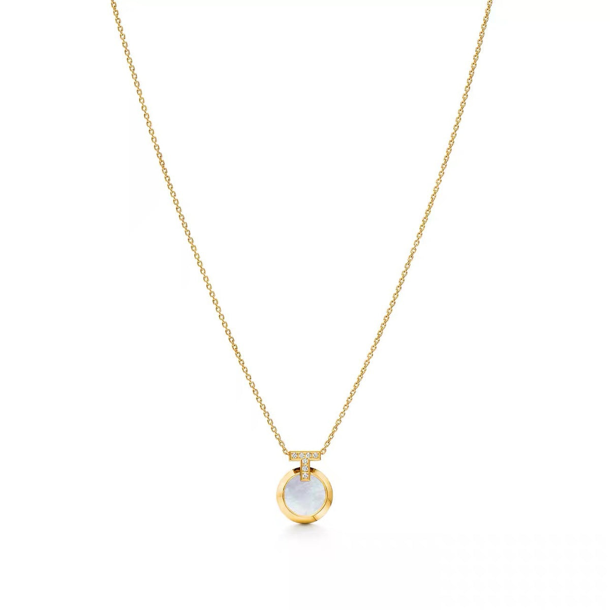 Tiffany Style T Motif Cubic Zirconia 18K Gold-Plated Necklace - T Motif Pavé Mother-of-Pearl Necklace