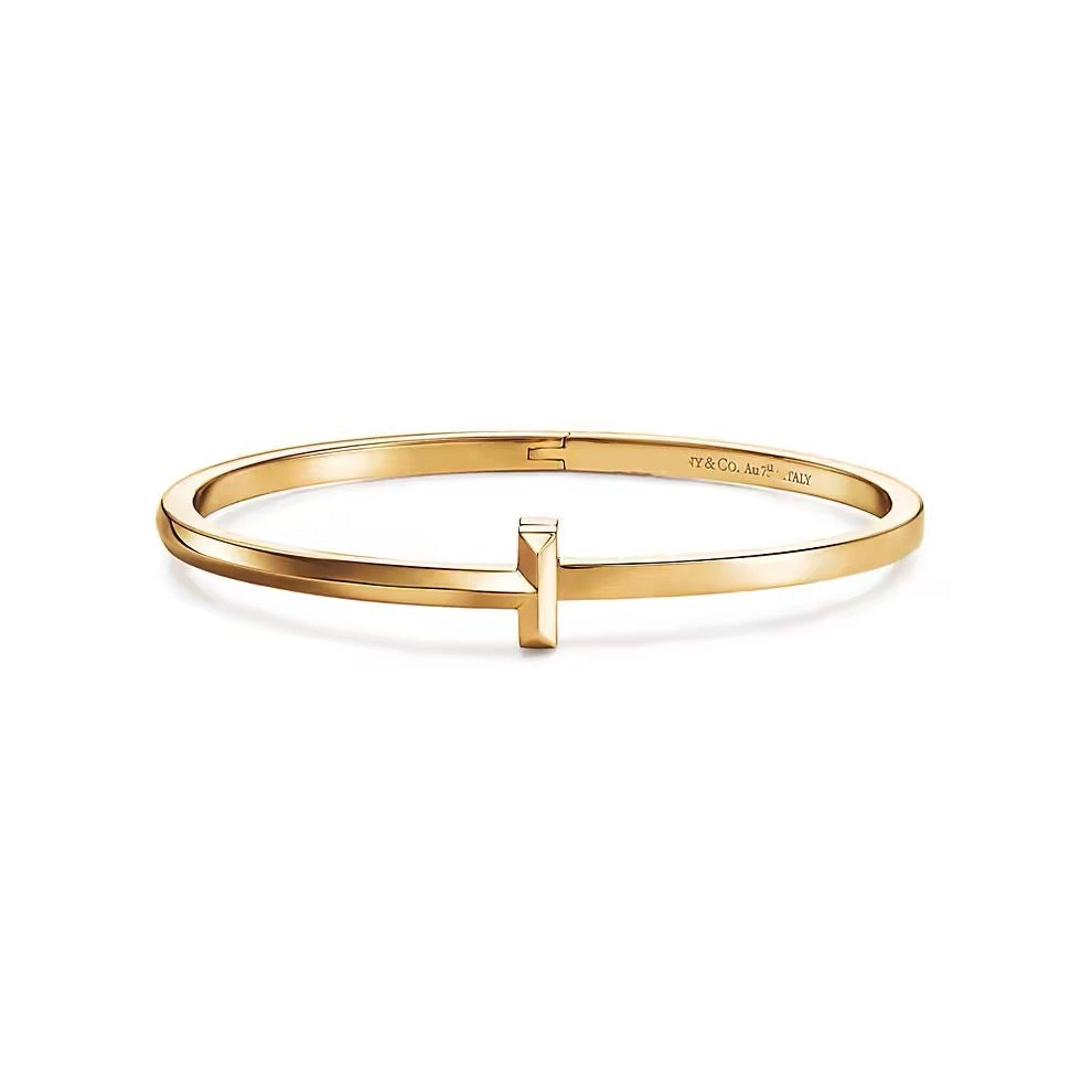 Tiffany Style T Motif Cubic Zirconia 18K Gold-Plated Bangle detail view 5