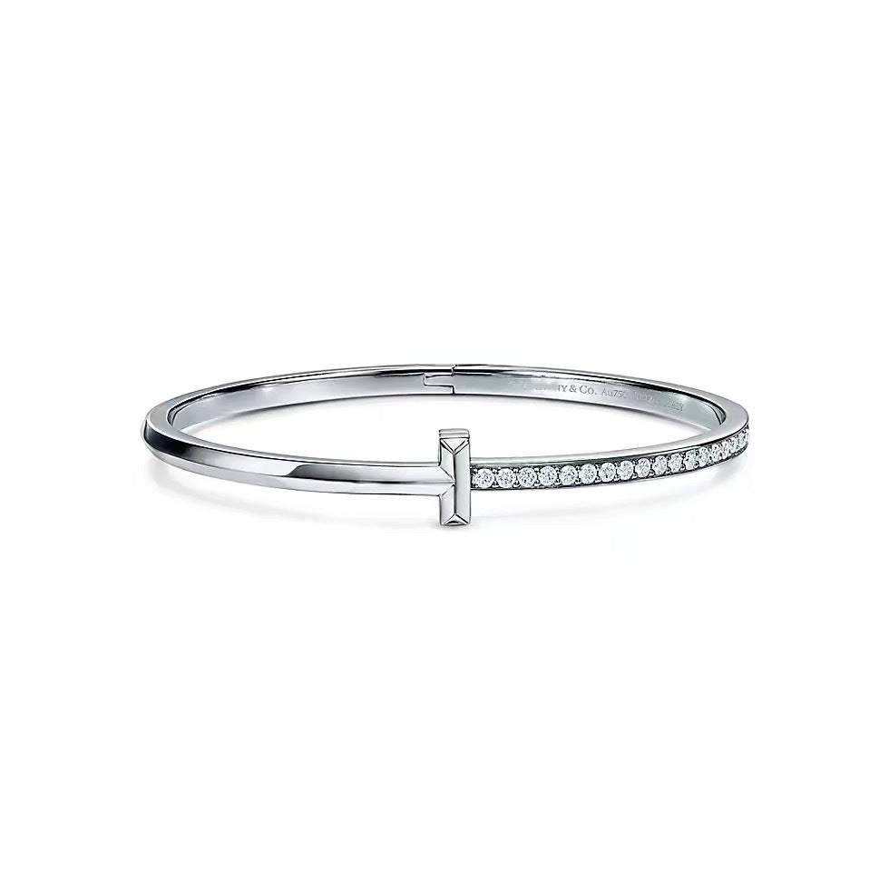 Tiffany Style T Motif Cubic Zirconia 18K Gold-Plated Bangle detail view 8