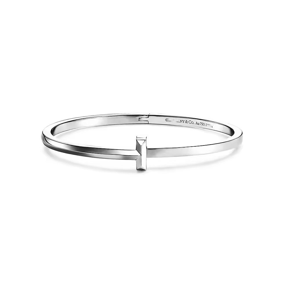 Tiffany Style T Motif Cubic Zirconia 18K Gold-Plated Bangle detail view 6