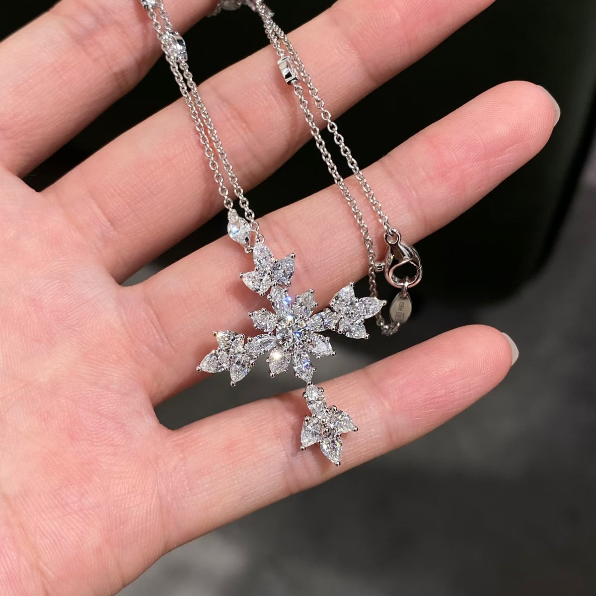 Harry Winston Style Snowflake Cross Cubic Zirconia Necklace detail view 1