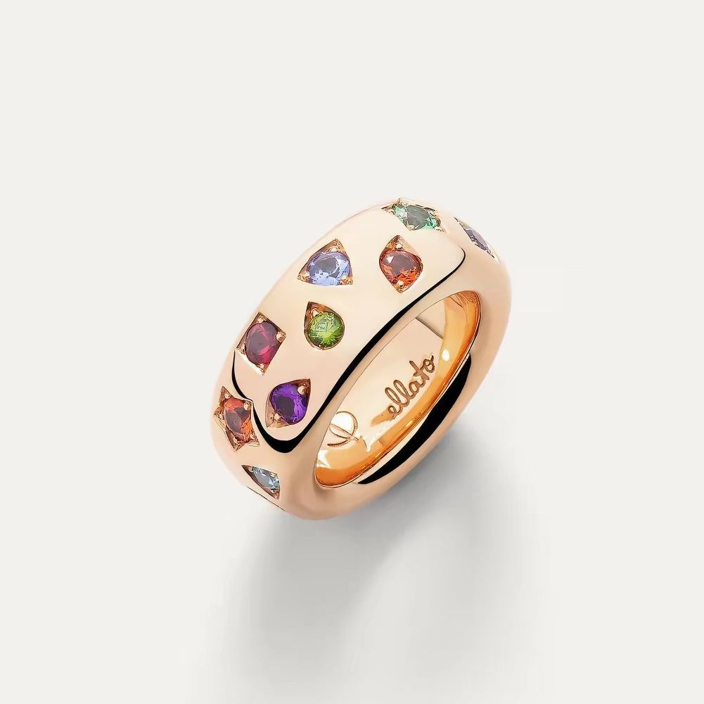 Pomellato Style Multicolor Stone Cubic Zirconia 18K Gold-Plated Ring - Medium